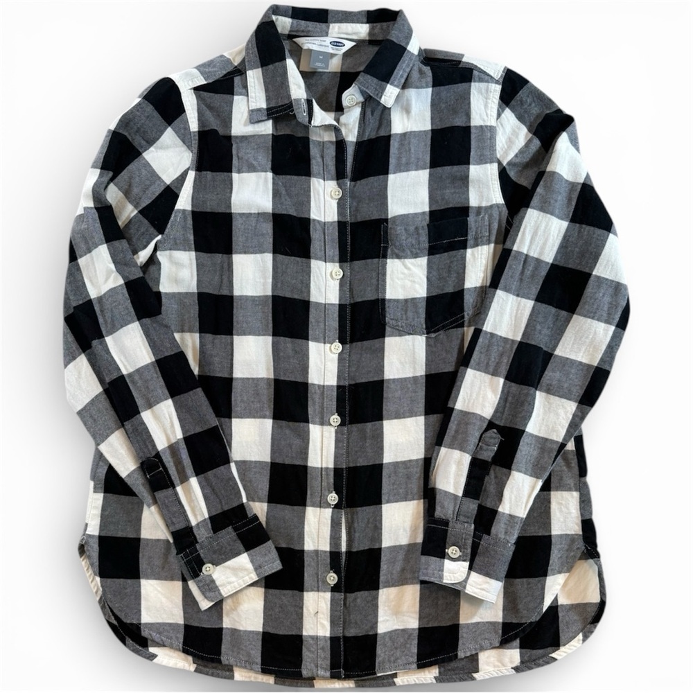 Old Navy Classic Plaid Flannel Button Down Shirt Black White Womens Sz Medium - Picture 2 of 5